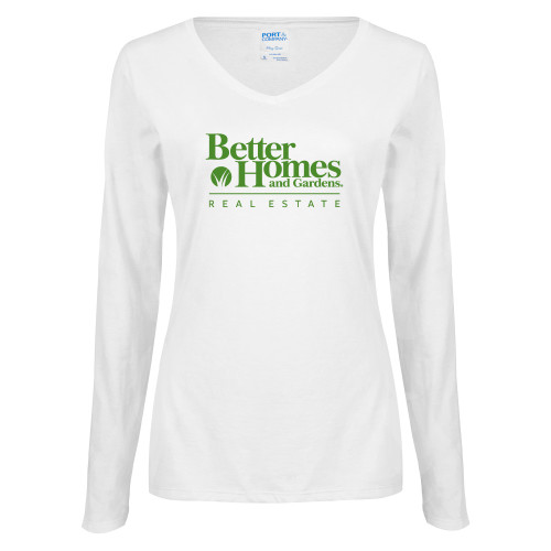 Womens White Long Sleeve V Neck Tee-Core Logo