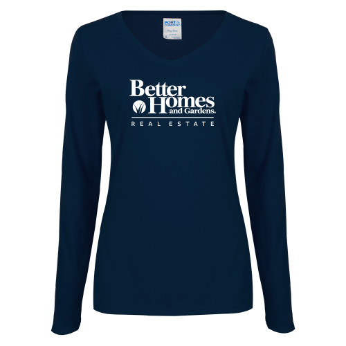 Womens Navy Long Sleeve V Neck Tee-Core Logo