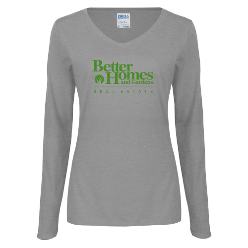 Womens Grey Long Sleeve V Neck Tee -Core Logo