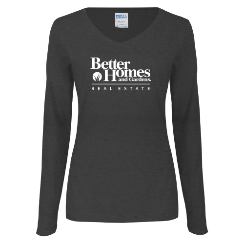 Womens Dark Heather Long Sleeve V Neck Tee -Core Logo
