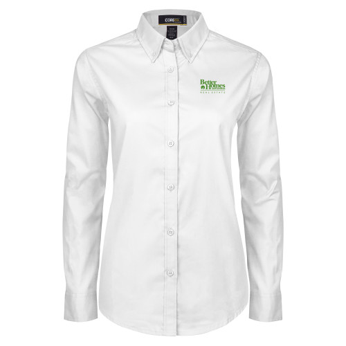 Womens White Twill Button Down Long Sleeve-Core Logo