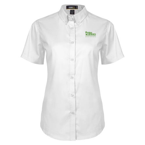 Womens White Twill Button Up Short Sleeve-Core Logo
