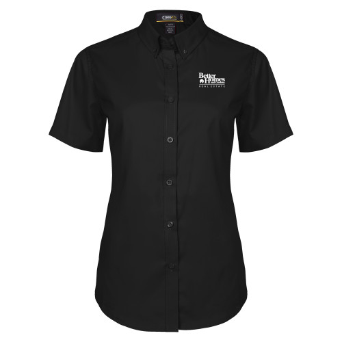 Womens Black Twill Button Up Short Sleeve-Core Logo