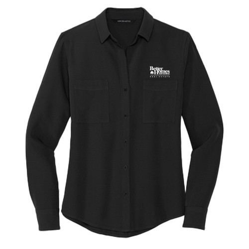 Mercer + Mettle Womens Black Crepe Long Sleeve Camp Blouse-Core Logo