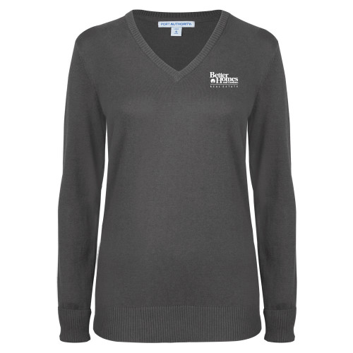 Womens Charcoal Heather VNeck Sweater-Core Logo