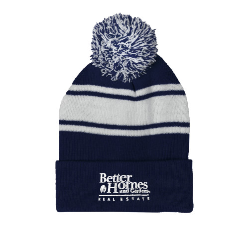 Navy/White Two Tone Knit Pom Beanie w/Cuff-Core Logo