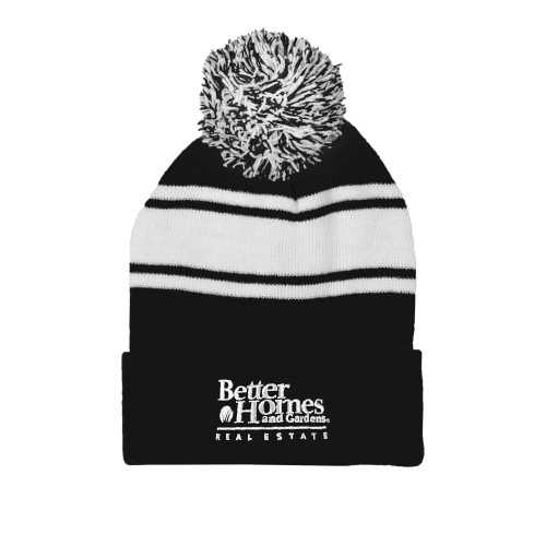 Black/White Two Tone Knit Pom Beanie w/Cuff-Core Logo