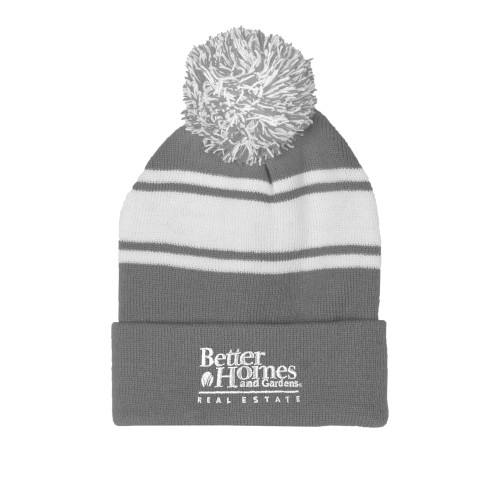 Grey/White Two Tone Knit Pom Beanie w/Cuff-Core Logo