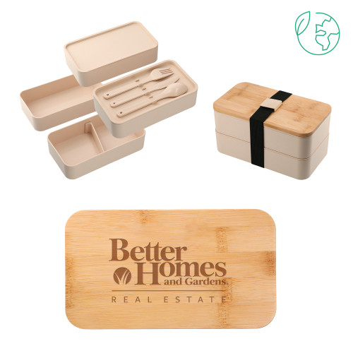 Stackable Bamboo Fiber Beige Bento Box-Core Logo Engraved