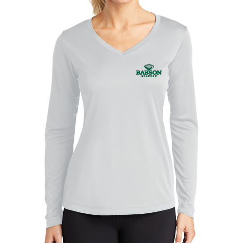  Womens White Performance Long Sleeve V Neck Shirt - Primary Mark