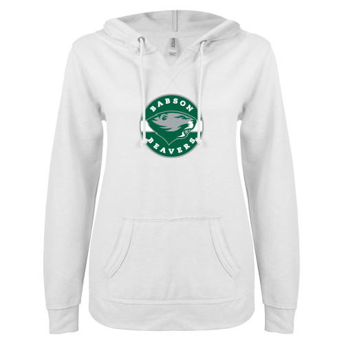  ENZA Womens White V Notch Raw Edge Fleece Hoodie - Mascot Design