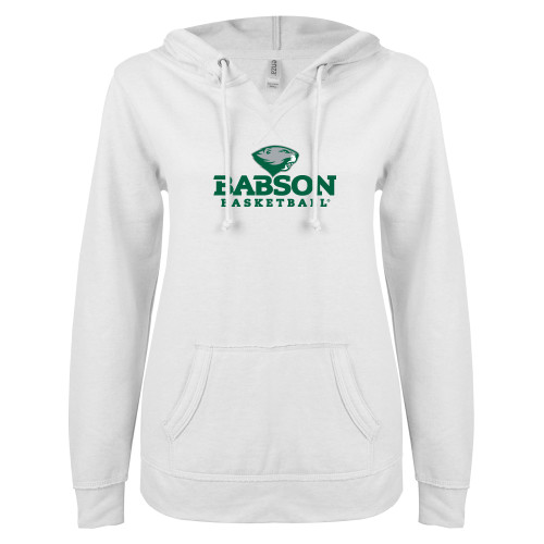  ENZA Womens White V Notch Raw Edge Fleece Hoodie - Basketball