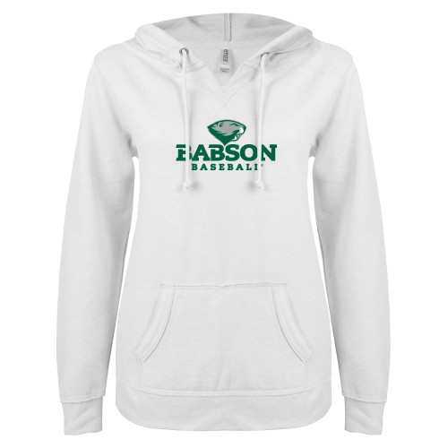  ENZA Womens White V Notch Raw Edge Fleece Hoodie - Baseball