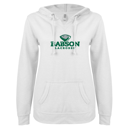  ENZA Womens White V Notch Raw Edge Fleece Hoodie - Lacrosse