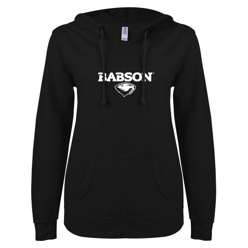  ENZA Womens Black V Notch Raw Edge Fleece Hoodie - Secondary Mark
