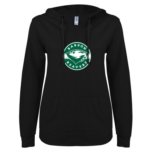  ENZA Womens Black V Notch Raw Edge Fleece Hoodie - Mascot Design