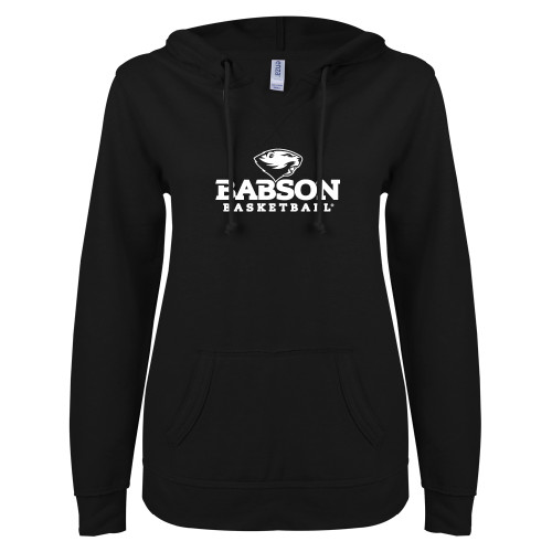  ENZA Womens Black V Notch Raw Edge Fleece Hoodie - Basketball