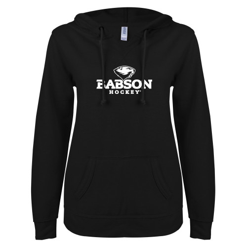  ENZA Womens Black V Notch Raw Edge Fleece Hoodie - Hockey