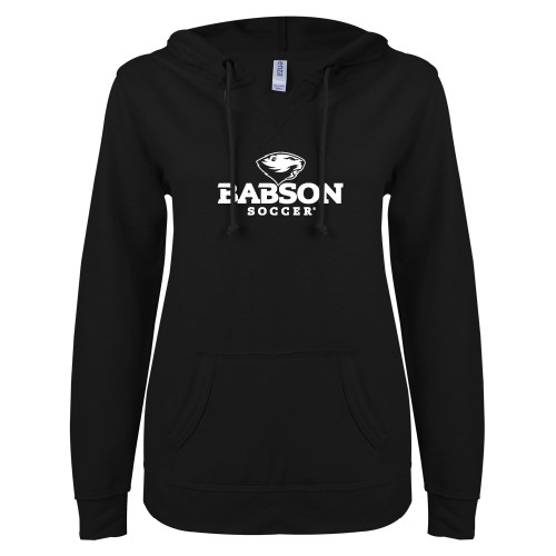  ENZA Womens Black V Notch Raw Edge Fleece Hoodie - Soccer