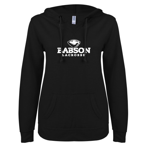  ENZA Womens Black V Notch Raw Edge Fleece Hoodie - Lacrosse