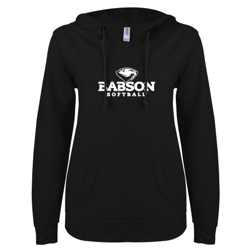  ENZA Womens Black V Notch Raw Edge Fleece Hoodie - Softball