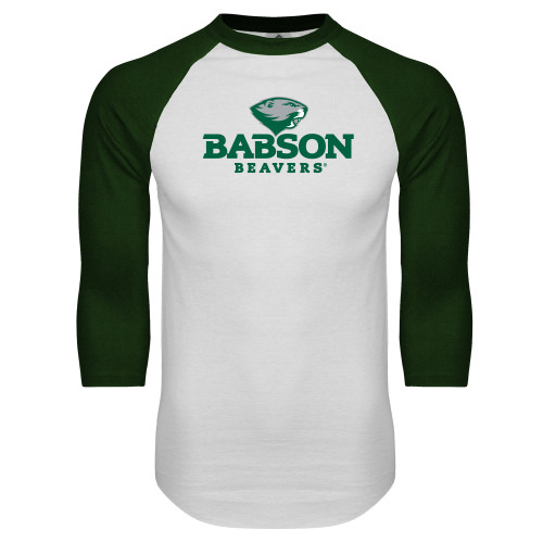 White/Dark Green Raglan Baseball T Shirt - Primary Mark