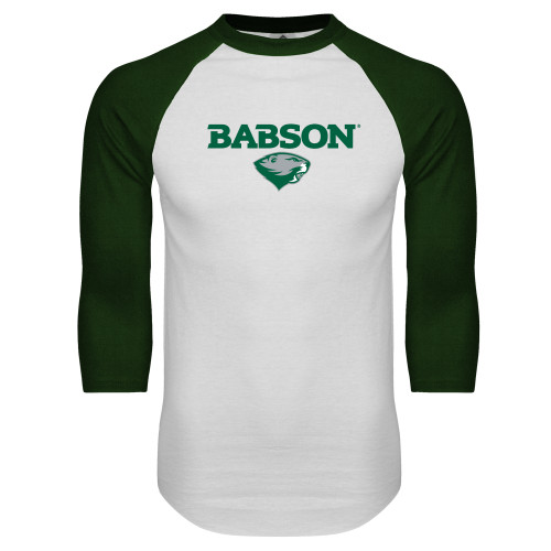  White/Dark Green Raglan Baseball T Shirt - Secondary Mark