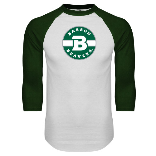  White/Dark Green Raglan Baseball T Shirt - Babson Design