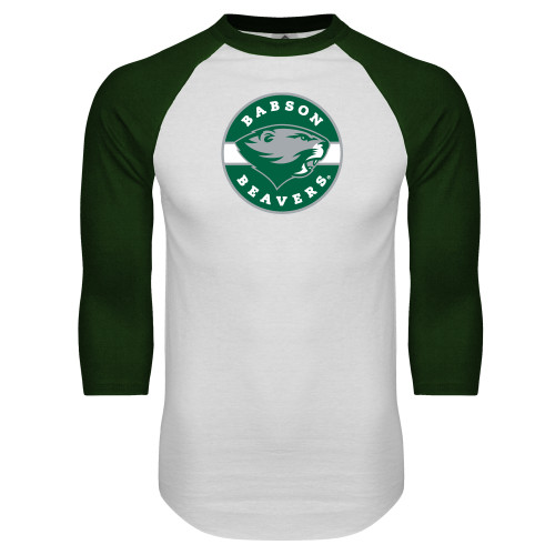  White/Dark Green Raglan Baseball T Shirt - Mascot Design