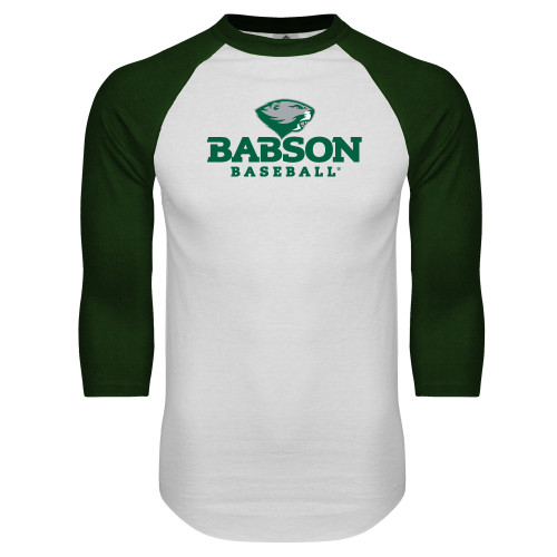  White/Dark Green Raglan Baseball T Shirt - Baseball