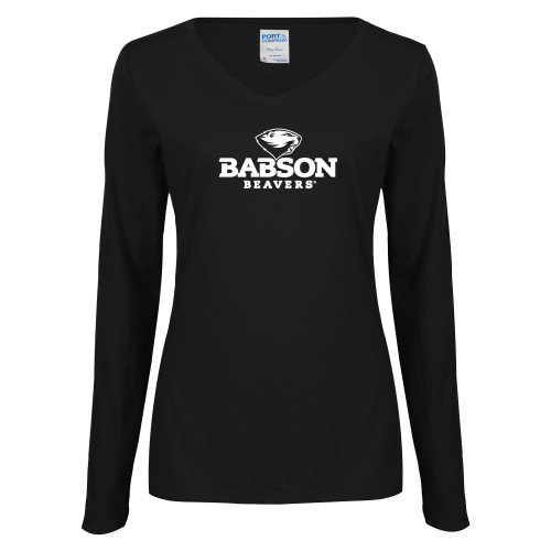  Womens Black Long Sleeve V Neck Tee  - Primary Mark
