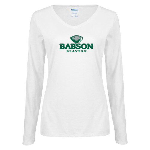  Womens White Long Sleeve V Neck Tee - Primary Mark