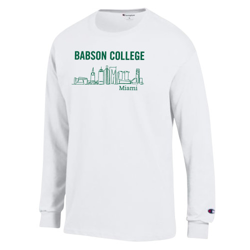  Champion White Long Sleeve T Shirt - Babson Miami Skyline