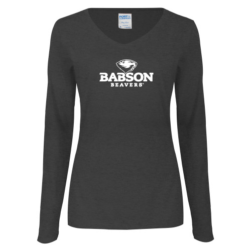 Womens Dark Heather Long Sleeve V Neck Tee  - Primary Mark