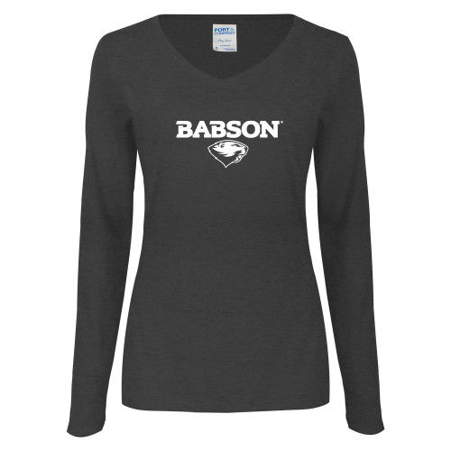  Womens Dark Heather Long Sleeve V Neck Tee  - Secondary Mark