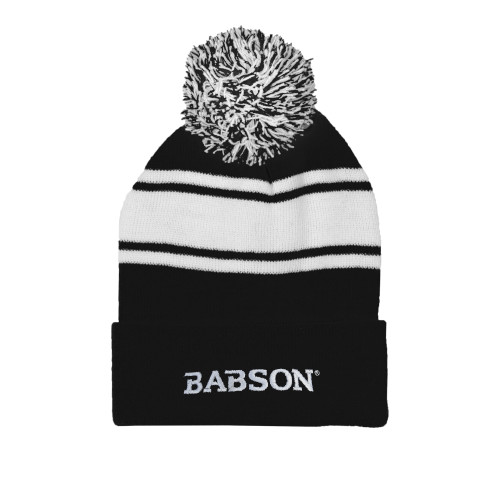  Black/White Two Tone Knit Pom Beanie w/Cuff - Wordmark
