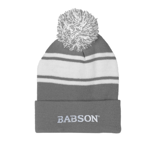  Grey/White Two Tone Knit Pom Beanie w/Cuff - Wordmark