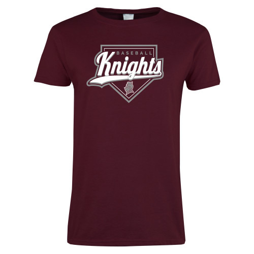  Womens Maroon Short Sleeve Tee - Knights Baseball Script w/ Plate