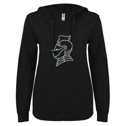  ENZA Womens Black V Notch Raw Edge Fleece Hoodie - Knight Head Silver Soft Glitter