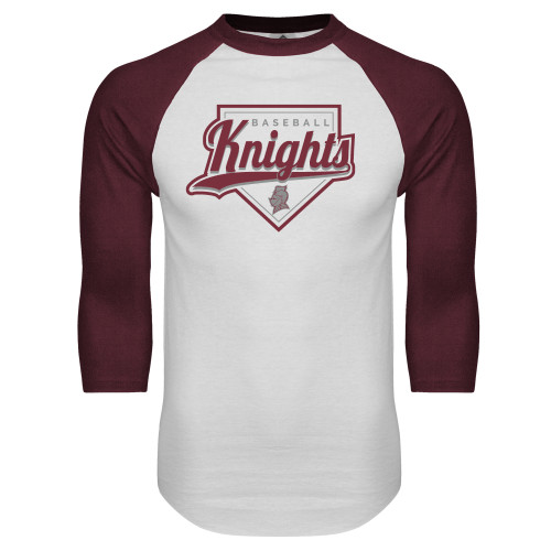  White/Maroon Raglan Baseball T Shirt - Knights Baseball Script w/ Plate