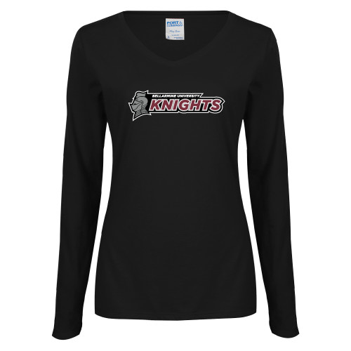 Womens Black Long Sleeve V Neck Tee  - Official Logo Flat