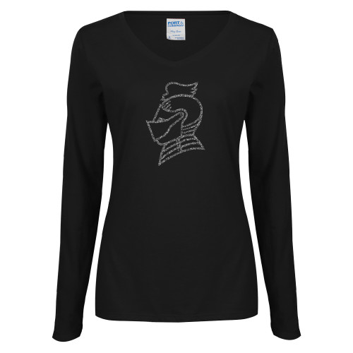  Womens Black Long Sleeve V Neck Tee  - Knight Head Graphite Glitter