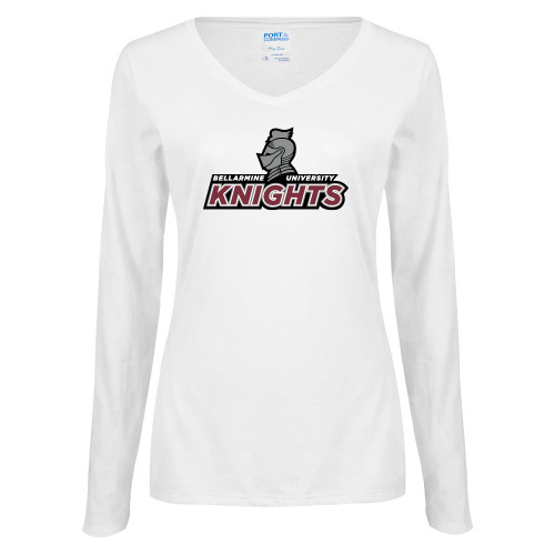  Womens White Long Sleeve V Neck Tee - Official Logo