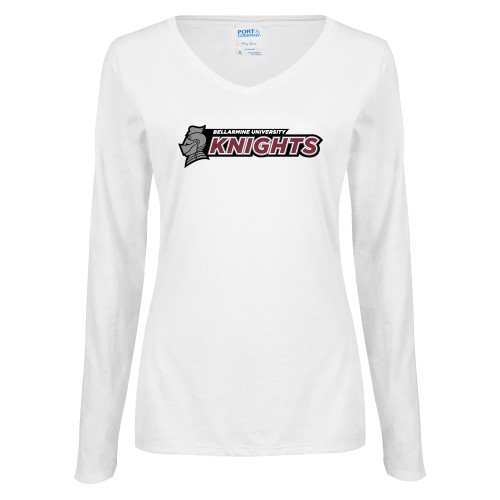  Womens White Long Sleeve V Neck Tee - Official Logo Flat