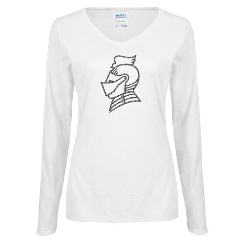  Womens White Long Sleeve V Neck Tee - Knight Head Graphite Glitter