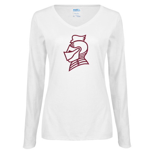  Womens White Long Sleeve V Neck Tee - Knight Head Hot Pink Glitter