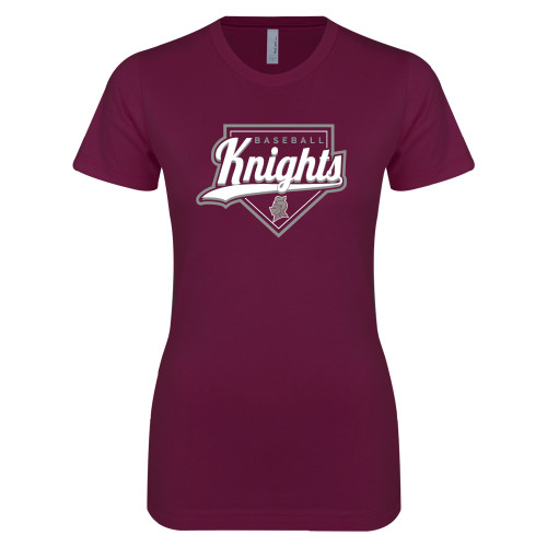  Next Level Womens Maroon Boyfriend Tee - Knights Baseball Script w/ Plate
