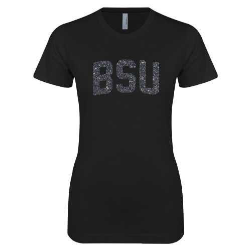  Next Level Womens Black Boyfriend Tee - BSU Glitter Graphite Soft Glitter
