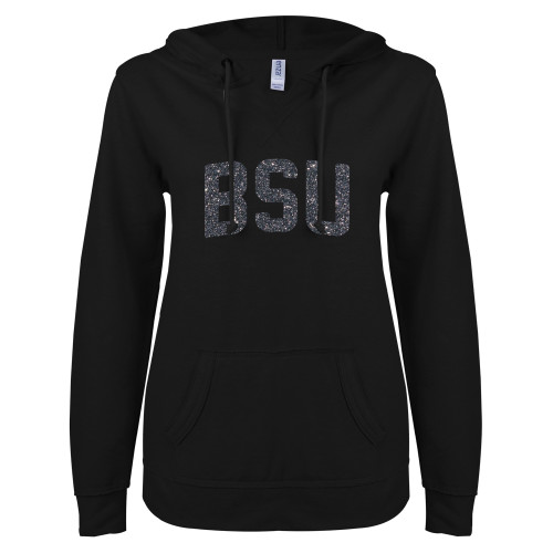  ENZA Womens Black V Notch Raw Edge Fleece Hoodie - BSU Glitter Graphite Soft Glitter