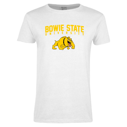  Womens White Short Sleeve Tee - Bowie State University Arched with Bulldog
